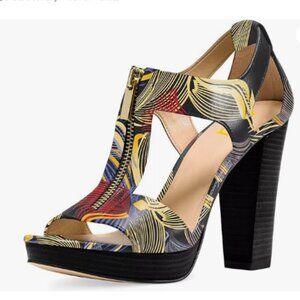 FSJ Lines Peep Open Toe T-Strap Front Zipper Chunky Stacked High Heel Sandal